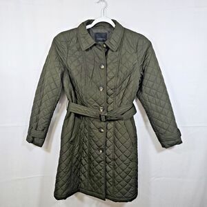 Talbots Women’s Quilted Button Up Belted Coat Olive Green Large NWT Pockets